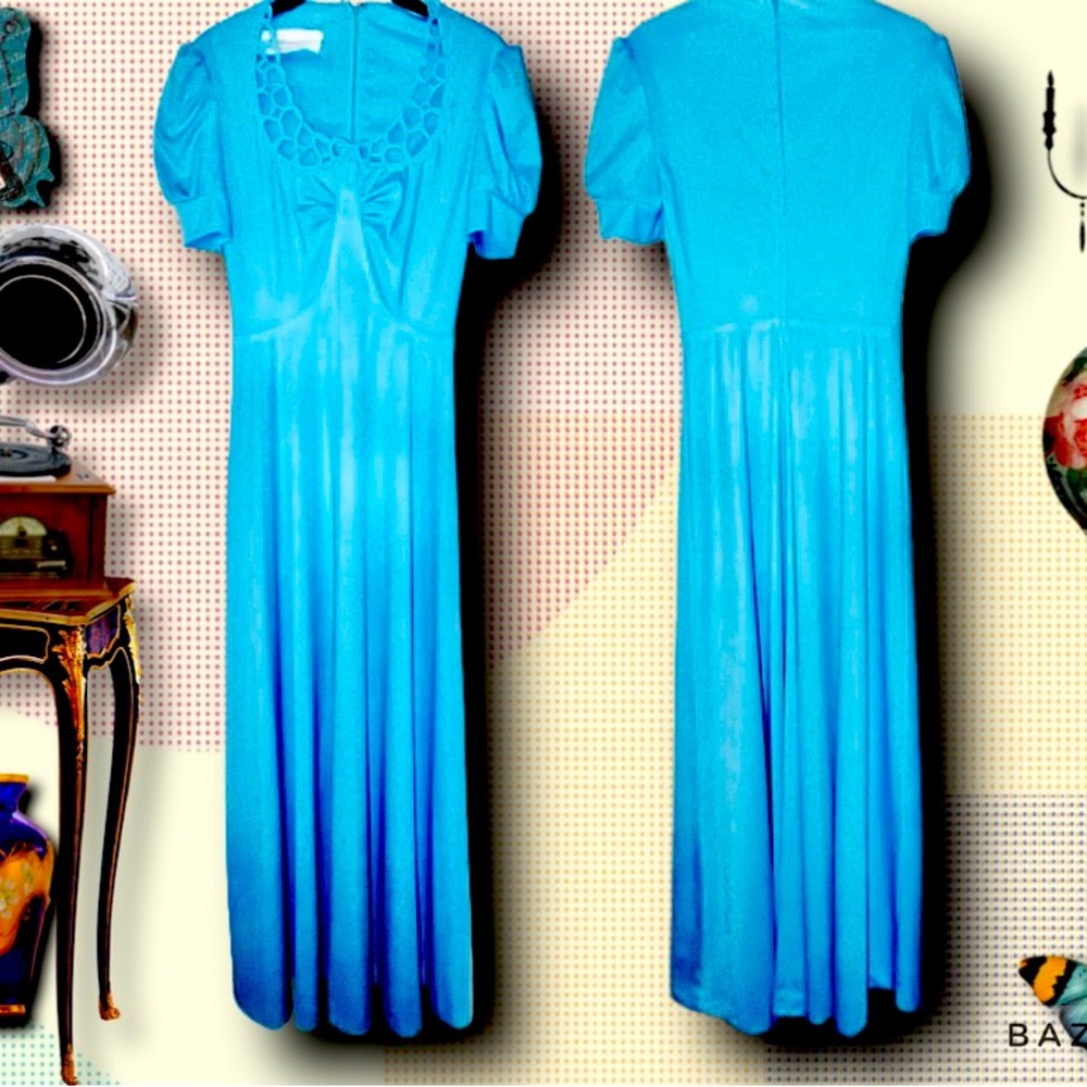 Vintage 1960s Mikey Jrs of CA Women Blue Lace Bow Short Sleeve Formal Maxi Dress